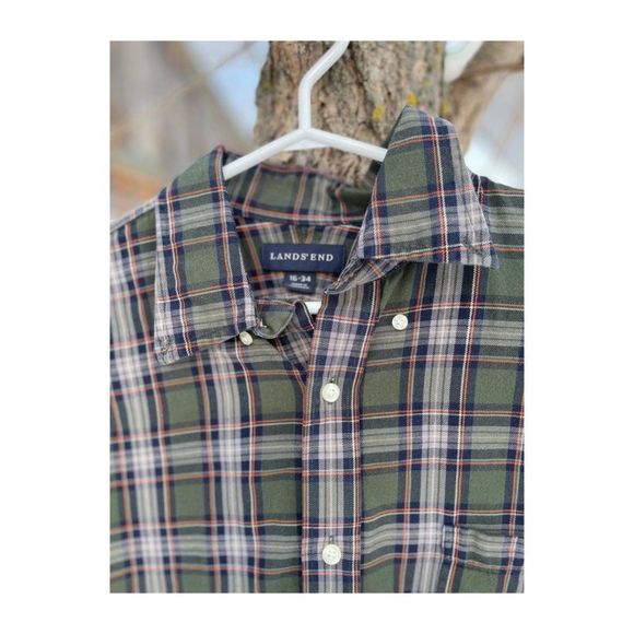 Lands' End Green Cotton Flannel Plaid Shirt Button Down Sz 16-34 - Picture 4 of 4